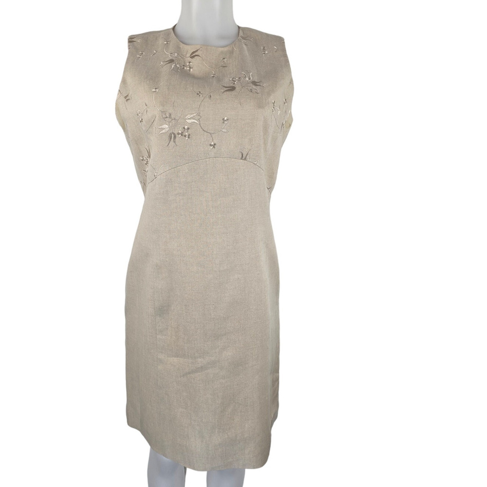 Amanda Smith 100% Pure Linen Tan Floral Embroidered Women's Dress 10